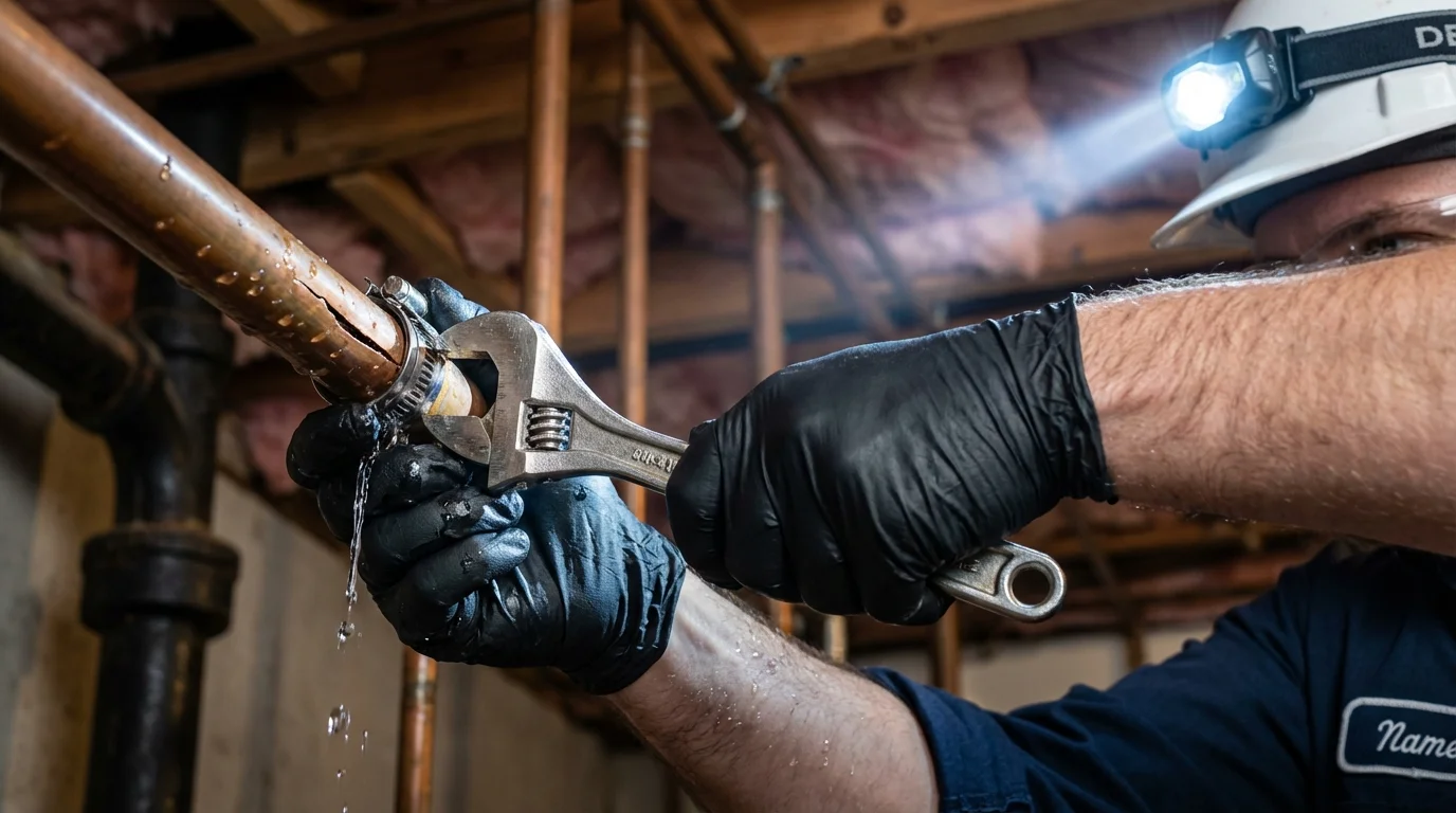 Emergency pipe clamp repair being performed by a Johns Plumbing LLC plumber in Chattahoochee