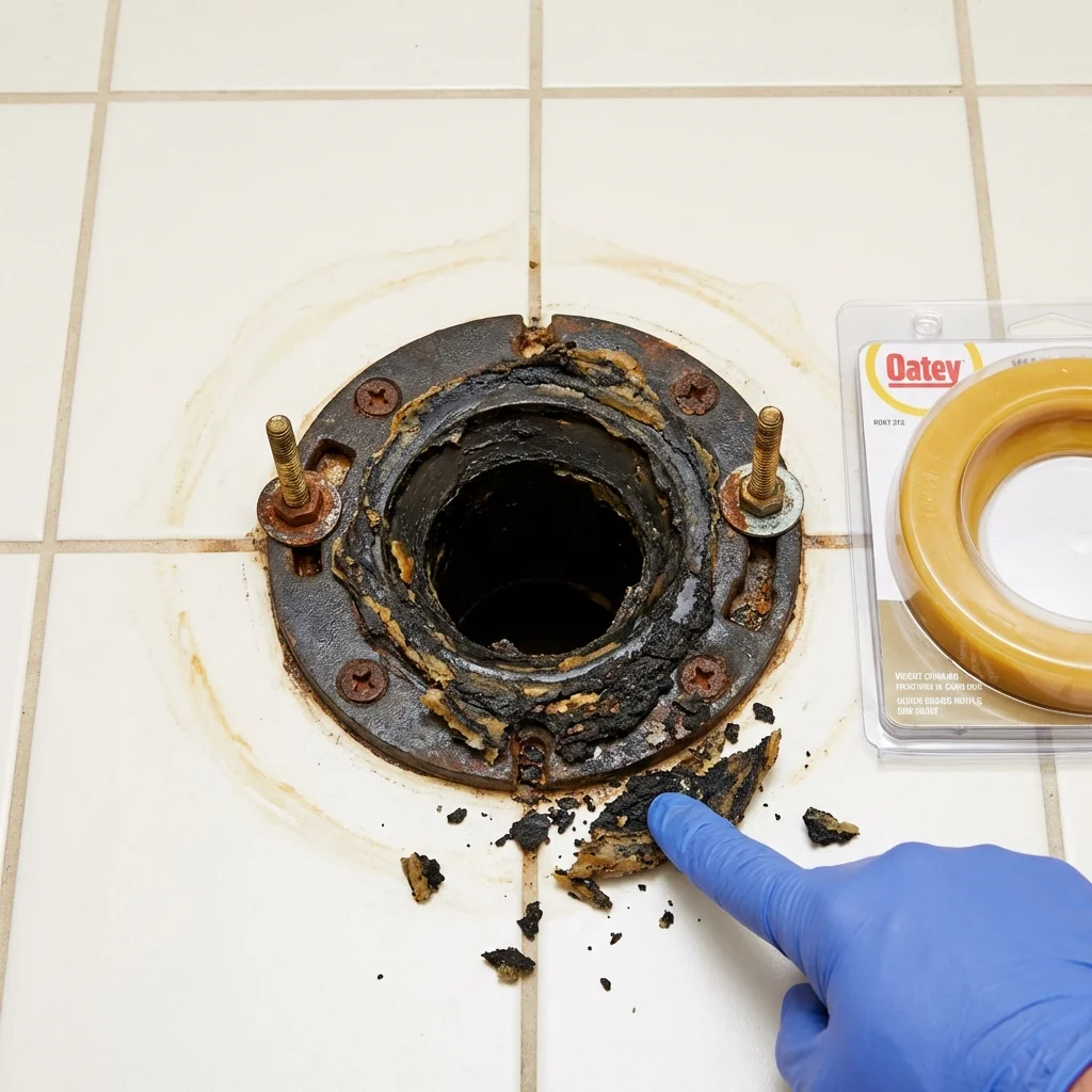 Failed wax ring showing water seepage at the base of a toilet in a Chattahoochee, FL home