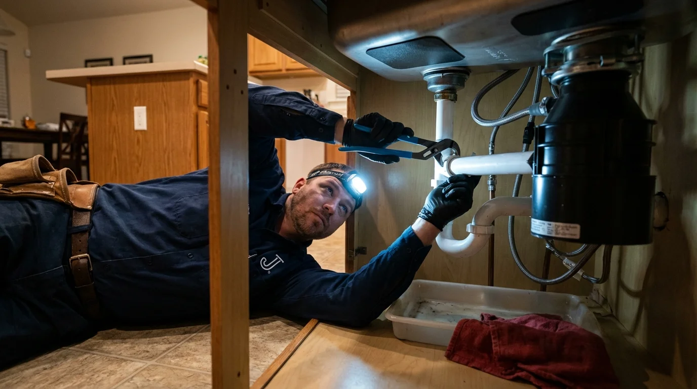 P-trap and supply line connections under a kitchen sink showing a common leak point in Chattahoochee, FL